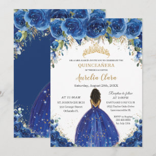 Quinceañera Royal Blue Floral Princess Birthday 16 Kaart
