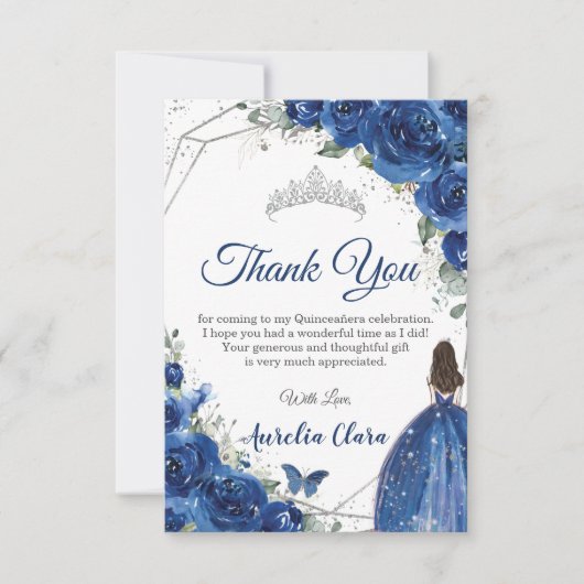 Quinceañera Royal Blue Floral Princess Birthday Bedankkaart (Voorkant)