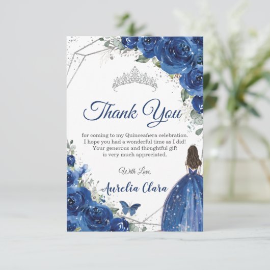 Quinceañera Royal Blue Floral Princess Birthday Bedankkaart (Staand voorkant)