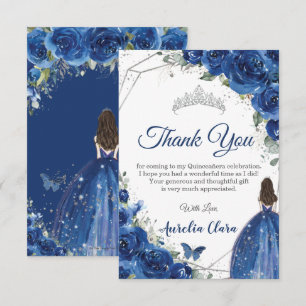 Quinceañera Royal Blue Floral Princess Birthday Bedankkaart