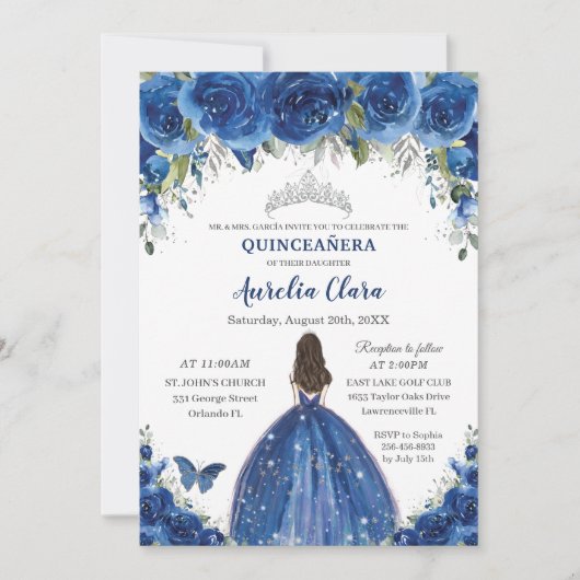 Quinceañera Royal Blue Floral Princess Birthday Kaart (Voorkant)