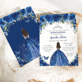 Quinceañera Royal Blue Floral Princess Birthday Kaart