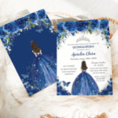 Quinceañera Royal Blue Floral Princess Birthday Kaart