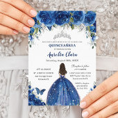 Quinceañera Royal Blue Floral Princess Birthday Kaart