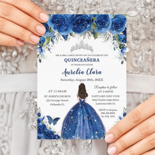 Quinceañera Royal Blue Floral Princess Birthday Kaart