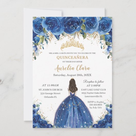 Quinceañera Royal Blue Floral Princess Birthday Kaart (Voorkant)
