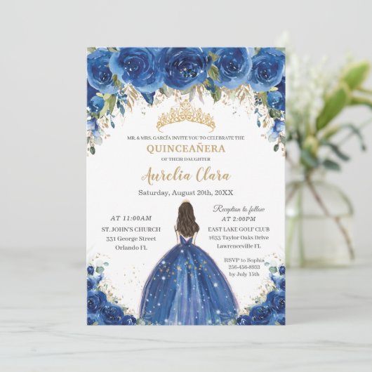 Quinceañera Royal Blue Floral Princess Birthday Kaart (Staand voorkant)