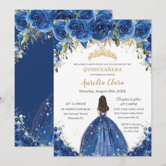Quinceañera Royal Blue Floral Princess Birthday Kaart (Voorkant / Achterkant)