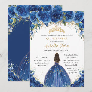 Quinceañera Royal Blue Floral Princess Birthday Kaart