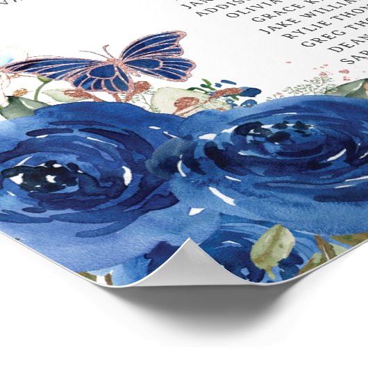 Quinceañera Royal Blue Floral Roos Gold Zitplaatse Poster (Hoek)