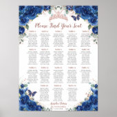Quinceañera Royal Blue Floral Roos Gold Zitplaatse Poster (Voorkant)