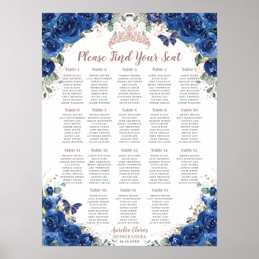 Quinceañera Royal Blue Floral Roos Gold Zitplaatse Poster (Voorkant)
