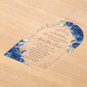Quinceañera Royal Blue Floral Roos Goud 16e Boog Acryl Uitnodigingen (Laagn)