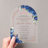 Quinceañera Royal Blue Floral Roos Goud 16e Boog Acryl Uitnodigingen (Insitu (Draagbaar))