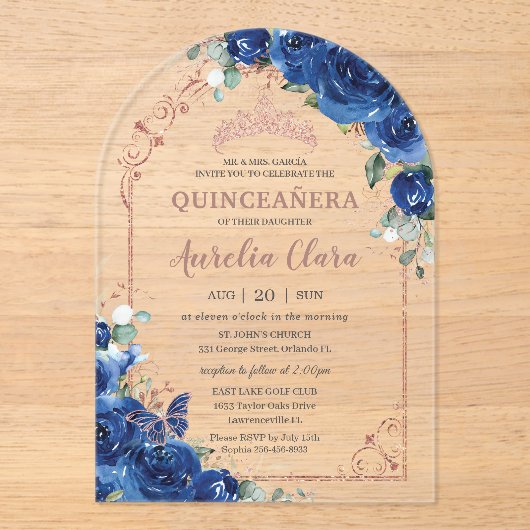 Quinceañera Royal Blue Floral Roos Goud 16e Boog Acryl Uitnodigingen (Voorkant)