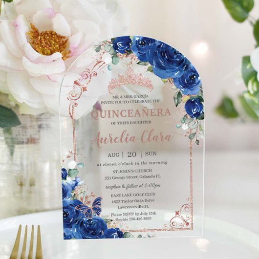 Quinceañera Royal Blue Floral Roos Goud 16e Boog Acryl Uitnodigingen