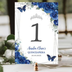 Quinceañera Royal Blue Floral Silver Butterflies Kaart