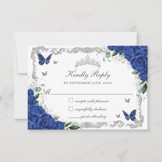 Quinceañera Royal Blue Floral Silver Butterflies RSVP Kaartje (Voorkant)