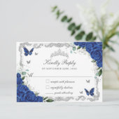 Quinceañera Royal Blue Floral Silver Butterflies RSVP Kaartje (Staand voorkant)