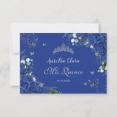 Quinceañera Royal Blue Floral Silver Butterflies RSVP Kaartje (Achterkant)