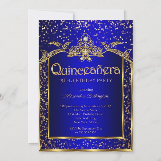 Quinceanera Royal Blue Gold Birthday Kaart (Voorkant)