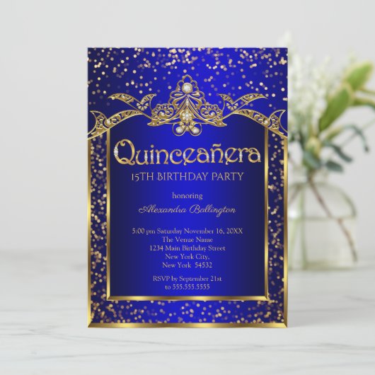 Quinceanera Royal Blue Gold Birthday Kaart (Staand voorkant)