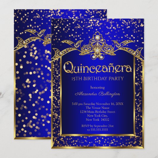 Quinceanera Royal Blue Gold Birthday Kaart (Voorkant / Achterkant)