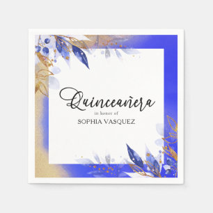 Quinceanera Royal Blue Gold Botanica gepersonalise Servet
