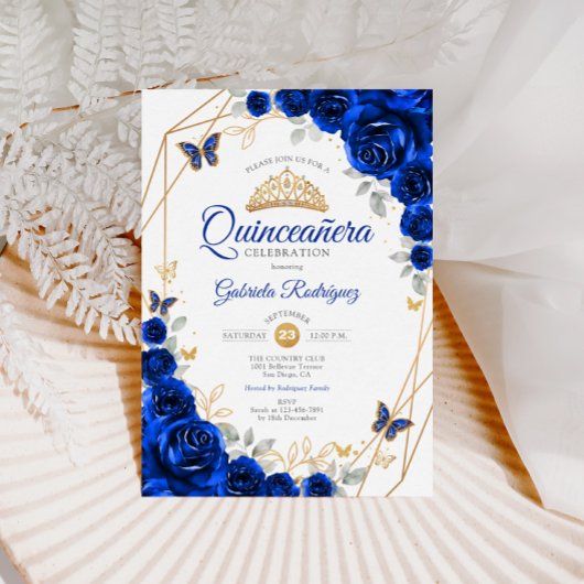 Quinceanera Royal Blue Gold Floral Kaart
