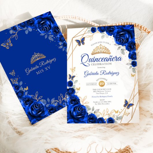 Quinceanera Royal Blue Gold Floral Kaart