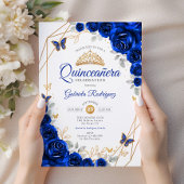 Quinceanera Royal Blue Gold Floral Kaart