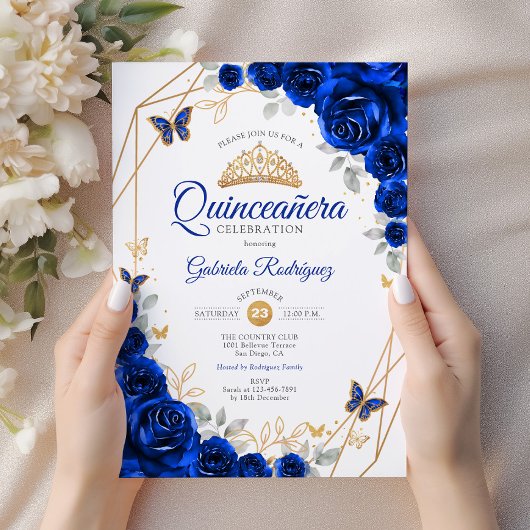 Quinceanera Royal Blue Gold Floral Kaart
