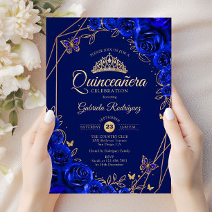 Quinceanera Royal Blue Gold Floral Kaart