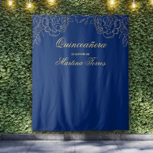 Quinceanera Royal Blue Gold Photo Booth Backdrop Wandkleed