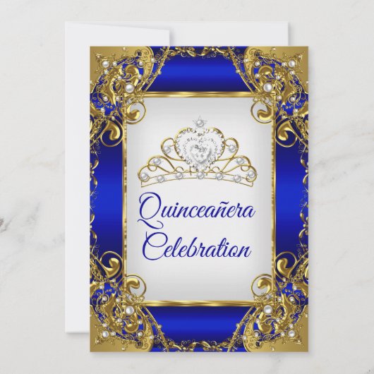 Quinceanera Royal Blue Golden Pearl Tiara Kaart (Achterkant)