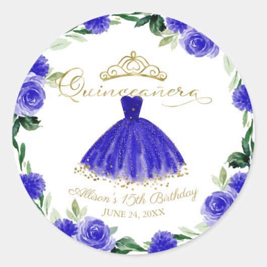Quinceanera Royal Blue Gown Floral Ronde Sticker (Voorkant)