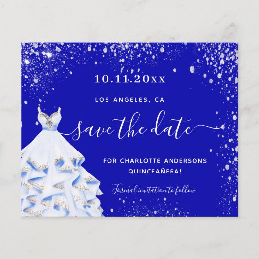 Quinceanera royal blue jurk budget behalve datum flyer (Voorkant)