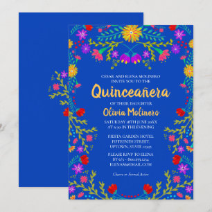 Quinceanera Royal Blue Mexicaanse bloemen Verjaard Kaart