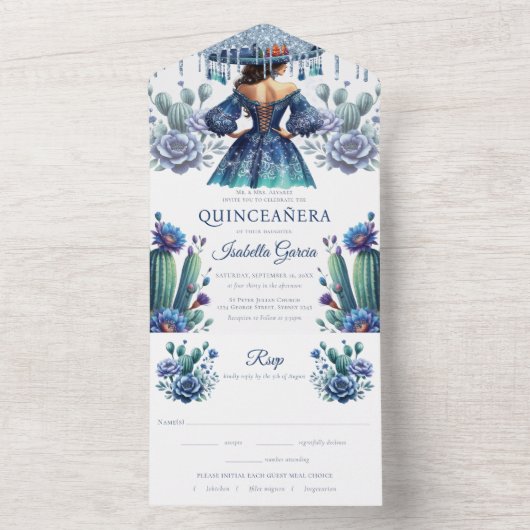 Quinceañera Royal Blue Mexicaanse stijl rsvp All In One Uitnodiging (Binnen)