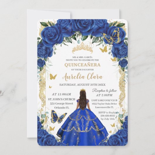 Quinceañera Royal Blue Rozen Bloemen Goud Kaart (Voorkant)