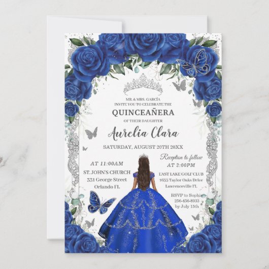 Quinceañera Royal Blue Rozen Floral  Kaart (Voorkant)