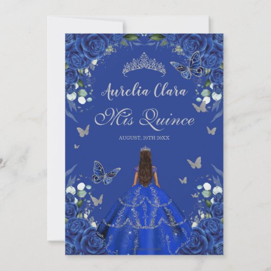 Quinceañera Royal Blue Rozen Floral  Kaart (Achterkant)