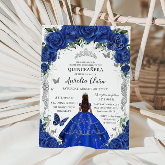 Quinceañera Royal Blue Rozen Floral  Kaart