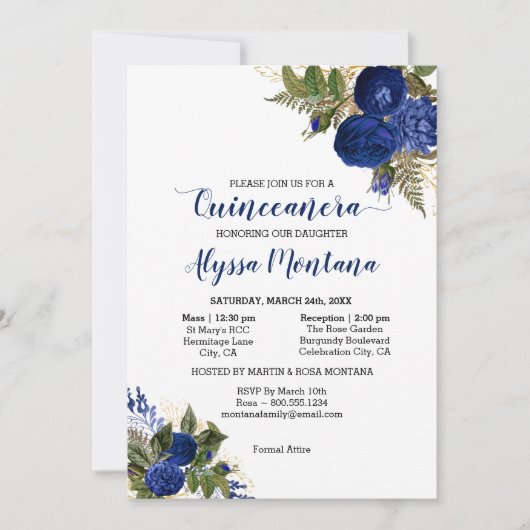 Quinceanera Royal Blue Rozen Mass & Receptie Kaart (Voorkant)