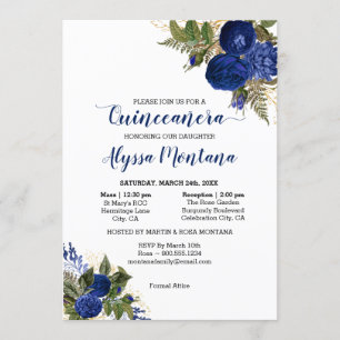 Quinceanera Royal Blue Rozen Mass & Receptie Kaart