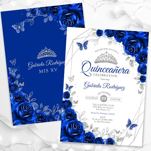Quinceanera Royal Blue Silver Floral Kaart