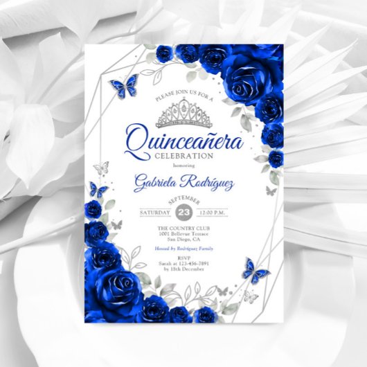 Quinceanera Royal Blue Silver Floral Kaart