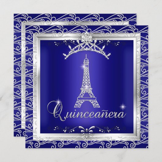 Quinceanera Royal Blue Silver Tiara Eiffel Tower 2 Kaart (Voorkant / Achterkant)