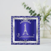 Quinceanera Royal Blue Silver Tiara Eiffel Tower 2 Kaart (Staand voorkant)