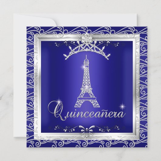 Quinceanera Royal Blue Silver Tiara Eiffel Tower 2 Kaart (Voorkant)